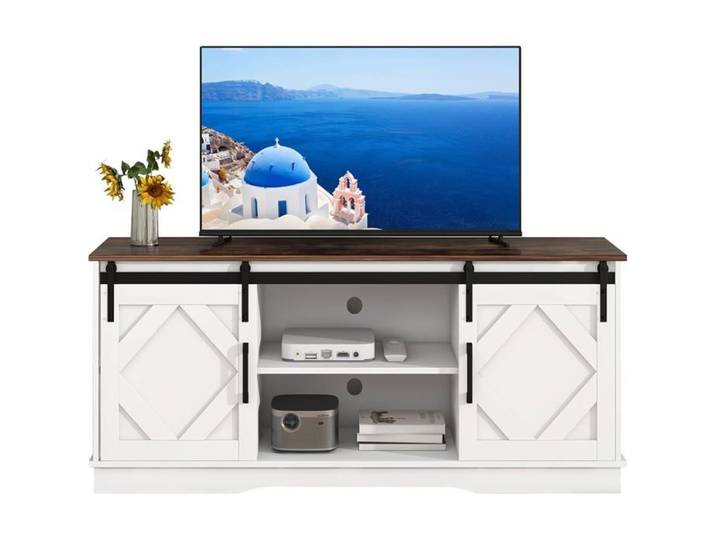 Meuble TV 150cm Style Rustique & 2 Portes Coulissantes & Etagères Réglables Banc TV Meuble TV en Bois Meuble de Rangement