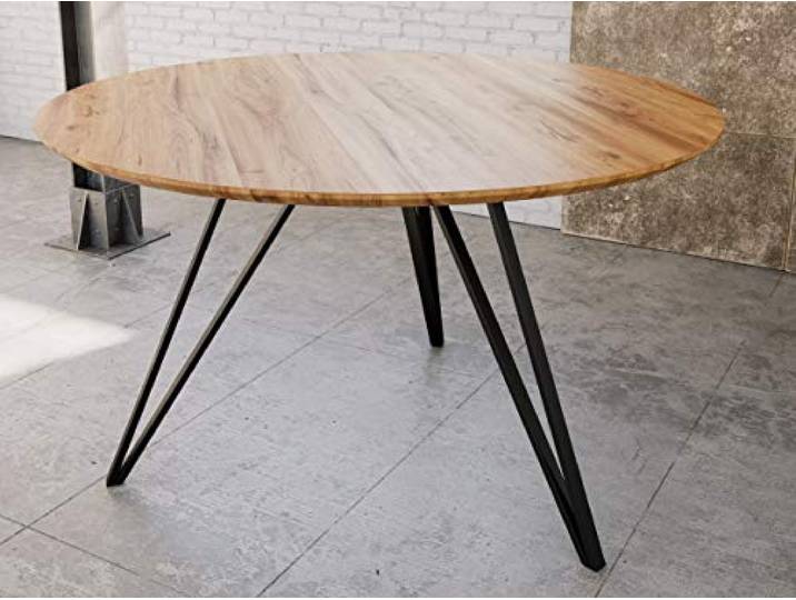 SAM Runder Esstisch Insa Ø 120 cm Akazie Natur Schweizer Kante schwarz Esszimmertisch, Akazienholz naturfarben lackiert, Tischplatte, Metallfüße