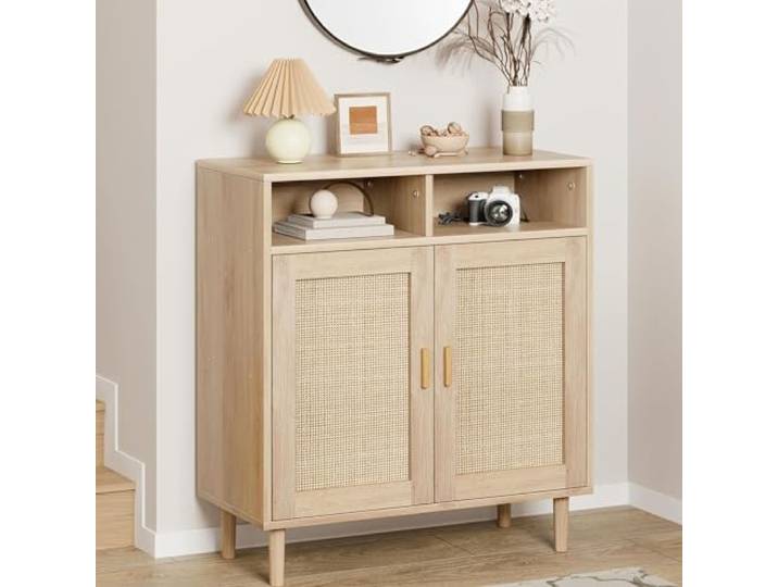 Litake Sideboard Rattan, 80x 92x 40 cm Anrichte mit 2 Offenem Fach & 2 Rattan Türen, Kommode Holz Buffetschrank Aufbewahrungsschrank Konsolentisch Kaffeebarschrank TV-Ständer,Natur