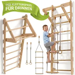 Juskys Sprossenwand für Kinder - Indoor Klettergerüst mit Turnringen, Klimmzugstange, Strickleiter