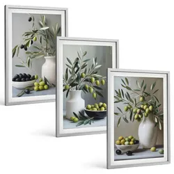 BILDER SET 3er Set - 40x60 cm Silberner Rahmen - Oliven in grauen Vasen