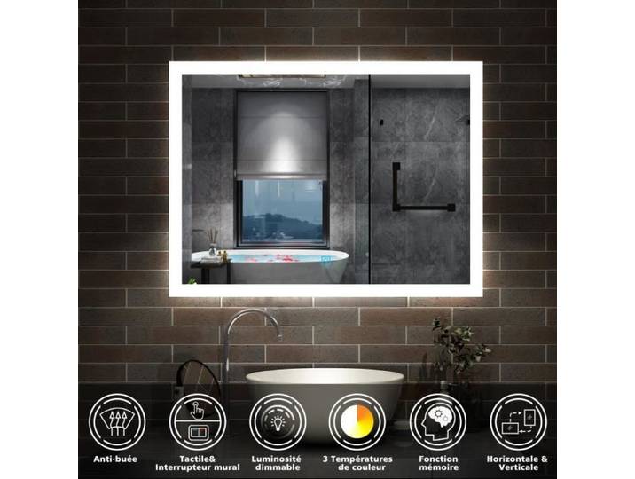 AICA Miroir de salle de bain 80x60cm LED tricolore anti-buée + mémoire + dimmable