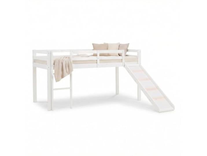 Homestyle4u Hochbett 90x200 mit Rutsche Weiß Holz Kiefer Kinderbett Halbhohes Massivholzbett mit Leiter, Treppe links o. rechts montierbar & Absturzsicherung Etagenbett Kinderhochbett