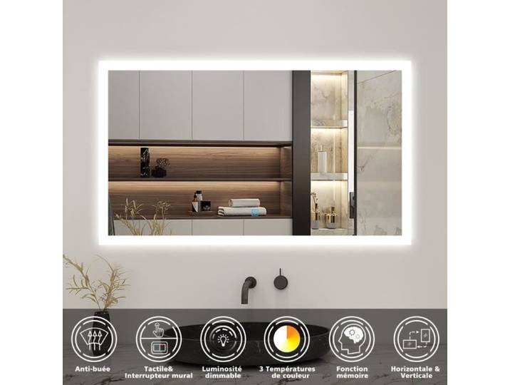 Miroir salle de bain LED - Marque - 60x50cm - Anti-buée - Gradation infinie - Fonction mémoire