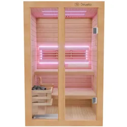 Dewello Finnische Sauna TOFINO 120x140 Kabine aus Hemlock Tannenholz mit 3,5 kW Harvia Ofen, inkl Sauna Set