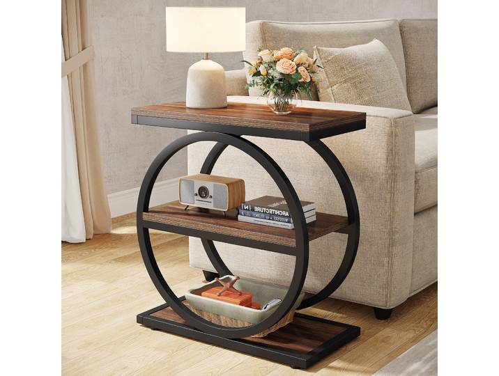 Table d'appoint Tribesigns à 3 niveaux avec étagères de rangement, table d'appoint de canapé industrielle en bois avec cadres en métal noir pour salon