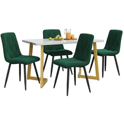 OKWISH Essgruppe 117x68x75, MDF Tisch Marmoroptik mit 4 Stühlen Dunkelgrün Samt, Goldene Metallbeine, Elegantes Design