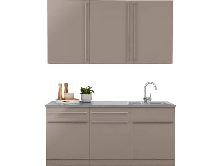 Küche WIHO KÜCHEN Chicago , braun (küche: braun, front: trüffel glanz, korpus: trüffelfarben, arbeitsplatte: canvas grau), B:180cm T:60cm, Komplettküchen-Sets, Küche, inklusive Spüle, Breite 180 cm