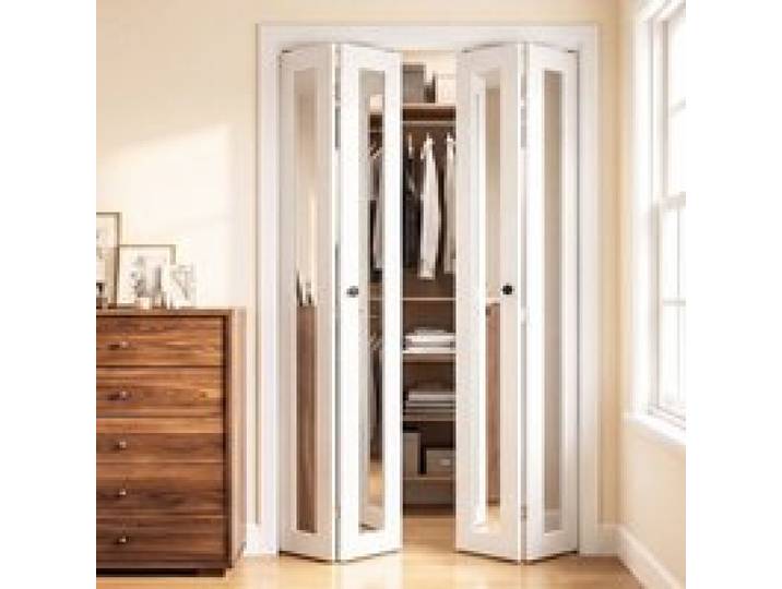 VEVOR Falttür Komplettset 1219 mm (vier 305 mm) x 2032 mm Ganzkörperspiegel, für Schränke & Schlafzimmer, 4-tlg. Faltschiebetür mit Metallbeschlägen & Verbundrahmen, Modern Stilvoll & Platzsparend, Weiß