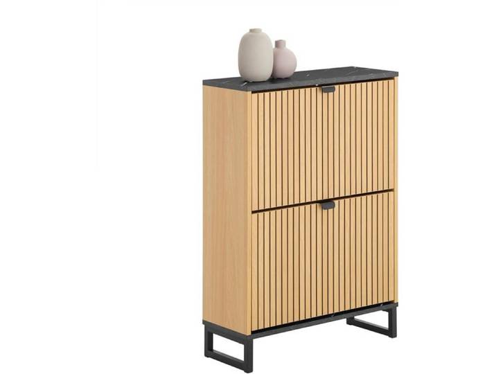 SoBuy Meuble à Chaussures Fin Entrée avec Abattants Rangement Compact Design Scandinave Noir Bois Clair 60x24x88cm