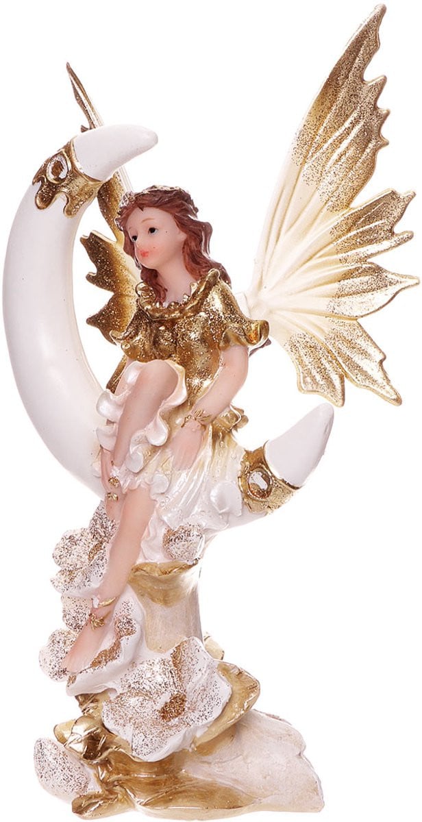 Elf Beeldje op de Maan – Sprookjesachtige Decoratie van Polyresine – Hoogte: 24 cm