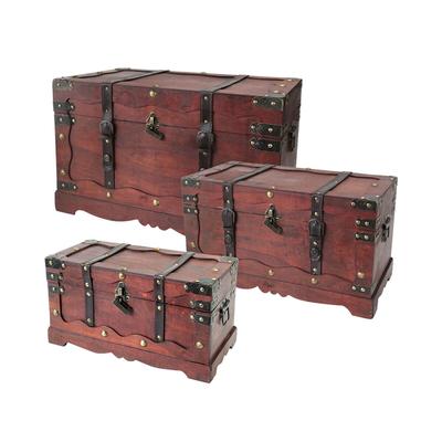 HMF Schatztruhe aus Holz, große Schatzkiste mit dekorativem Schloss, Aufbewahrungs- & Präsentationsbox, 3er Set, Versch. Größen, Frankreich