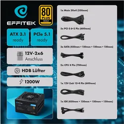 Effitek Netzteil 1200W Gold ATX 3.1, PCI 5.1 Modularer Kabel (1200 W), PC Netzteil, Schwarz