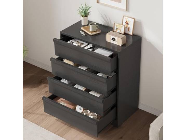 Kommode mit 4 Schubladen, Kommodenschrank, Moderner Holz-Schubladenschrank großer Stauraum, kippsicher - für Schlafzimmer/Wohnzimmer/Flur/Kinderzimmer - Walnuss/Antikweiß, 4 Schubladen