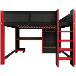 OKWISH Hochbett Kiefernholz/MDF schwarz-rot 140x200 cm mit LED-Beleuchtung, Schreibtisch, Kleiderschrank und Regalen