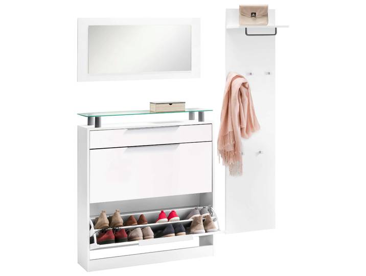 Garderoben-Set BORCHARDT MÖBEL Oliva , weiss (weiß matt, weiß matt), Kastenmöbel-Sets, Garderoben-Set, (3-tlg), mit stehendem Schuhschrank, Paneel und Spiegel