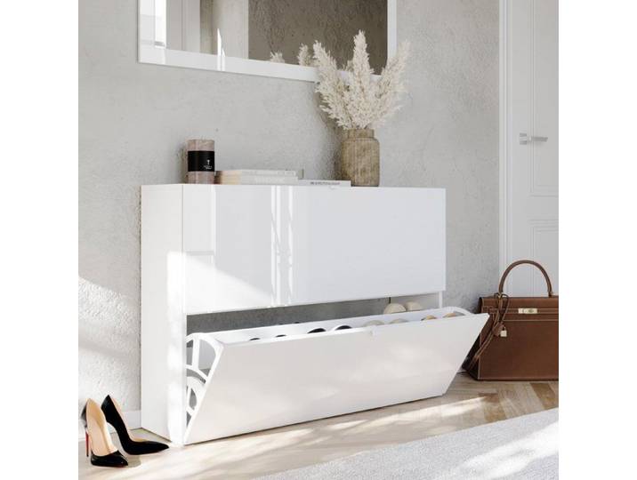 Rangement à Chaussures Lovero Dmora en Bois Mélaminé Blanc Brillant 110x25x75h cm