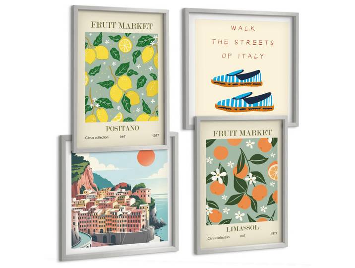 Tulup Bilder SET 4er Set - 50x50 cm & 40x60 cm Silberner Rahmen - Fruchtmuster der italienischen Kultur, Silberfarben, Kunststoff, Rechteckig, 50x50 cm, gerahmt, Bilder & Rahmen, Bilder