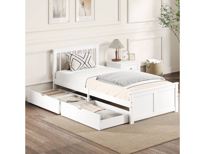 HOMCOM Cadre de Lit Bois 90x200cm avec Tiroirs Blanc