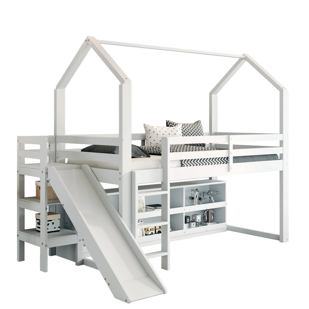Kinderbett,Einzelbett, 90*200 cm,Multifunktionales Kinderbett ,Mit Rutsche,Treppen, Schließfach,Regal,Massivholz+MDF,Weiß