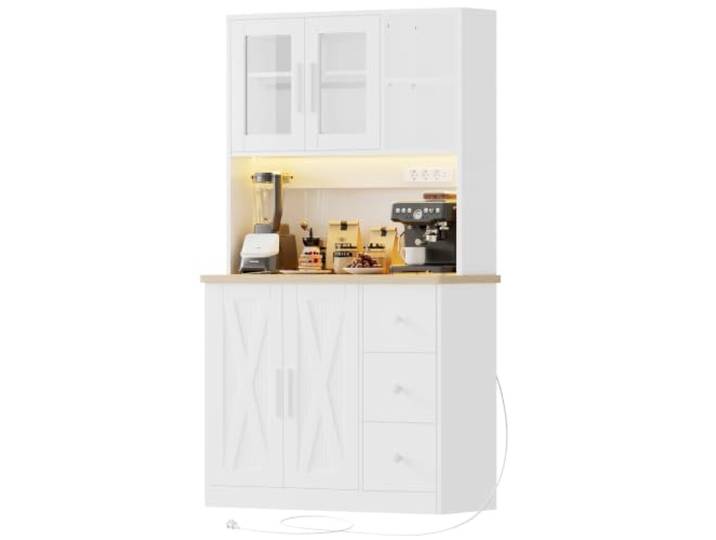 JUMMICO Hoher Küchenschrank mit LED-Beleuchtung & Steckdosen, Sideboard mit 3 Schubladen und verstellbaren Einlegeböden, Modernes Möbelstück für Küche, Esszimmer & Wohnzimmer
