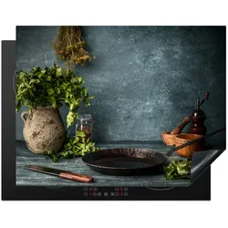 HERDABDECKPLATTE Kräuter - Gewürze - Pfanne - Messer - Grau - Rustikal Induktionsmatte 77x59 cm