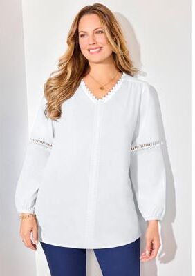 Plus Size Women's Lattice Trim Peasant Blouse by Catherines in White (Size 2X)