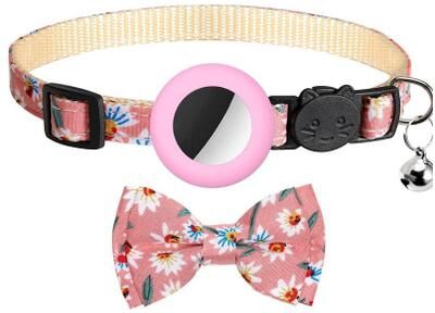 Everyday Crate AirTag Pet Safety Collar With Bow & Bell Adjustable Cat And Dog Tracker Holder pink