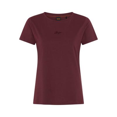 T-Shirt BOSS ORANGE "Elove Embro Premium Damenmode", Damen, Gr. L, braun (medium rot 614), Single Jersey, Obermaterial: 100% Baumwolle, unifarben, schmal normal, Rundhals, Shirts T-Shirt, mit Rundhals, Slim Fit