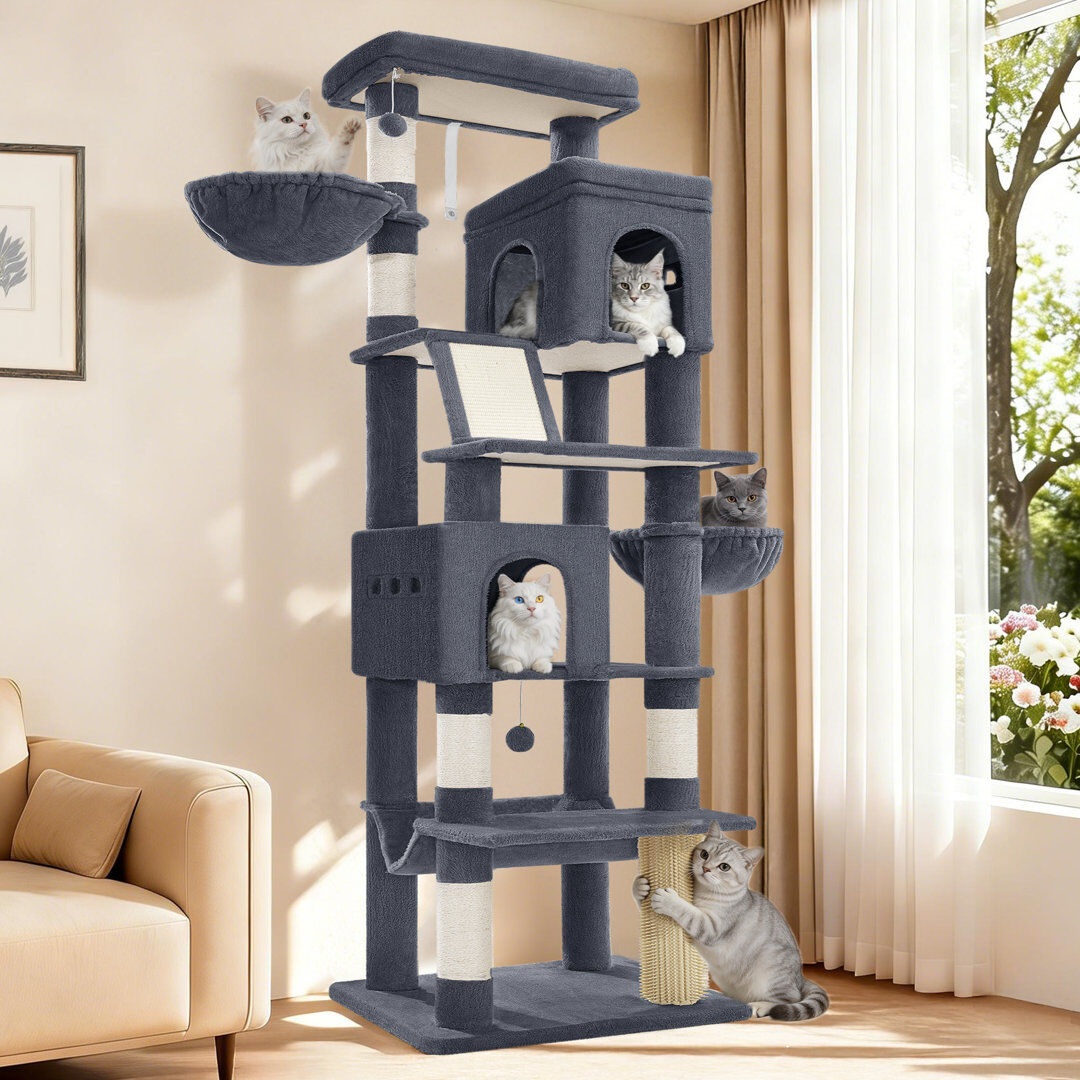 Rebrilliant Large Cat Tree Tower, Cat Tree for Indoor Cats, Climbing Tower for Large Cats, 5 Scratching Post, 2 Large Platform, 2 Caves, 2 Baskets, Stairs, Hammoc Dark Grey 55 × 45 ×190 cm