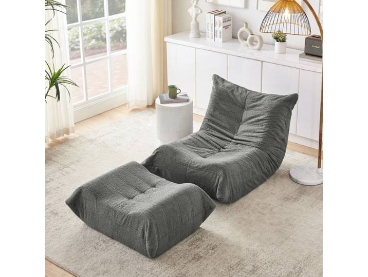 Fauteuil relax - Fauteuil au sol - Tissu teddy gris - Dossier inclinable - Repose-pieds