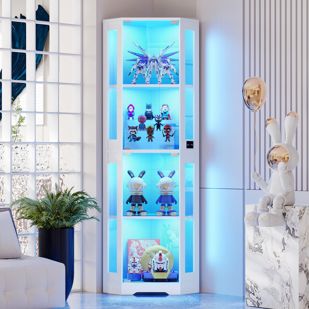 17 Stories 4-Tier Corner Display Cabinet With 3 Color Lights, Bookcase With Human Body Sensor For Collectibles White 165cm H X 56cm W X 36.5cm D