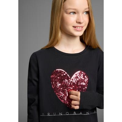 Langarmshirt BRUNO BANANI "WENDE-Pailletten - Glitzerherz", Mädchen, Gr. 140/146, schwarz, Single Jersey, Obermaterial: 100% Baumwolle, unifarben, Basic hüftlang, Rundhals, Shirts Langarmshirt, Für TEENS. Cooles Paillettenshirt