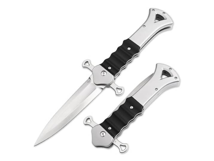 BÖKER PLUS Inarsil - großer Klappdolch mit 11,9 cm D2 Dagger Blade - Flipper Dolch im Midgards Messer Design - Taschenmesser im Schwert Look mit einseitig geschliffer Dolch Klinge mit Kugellager