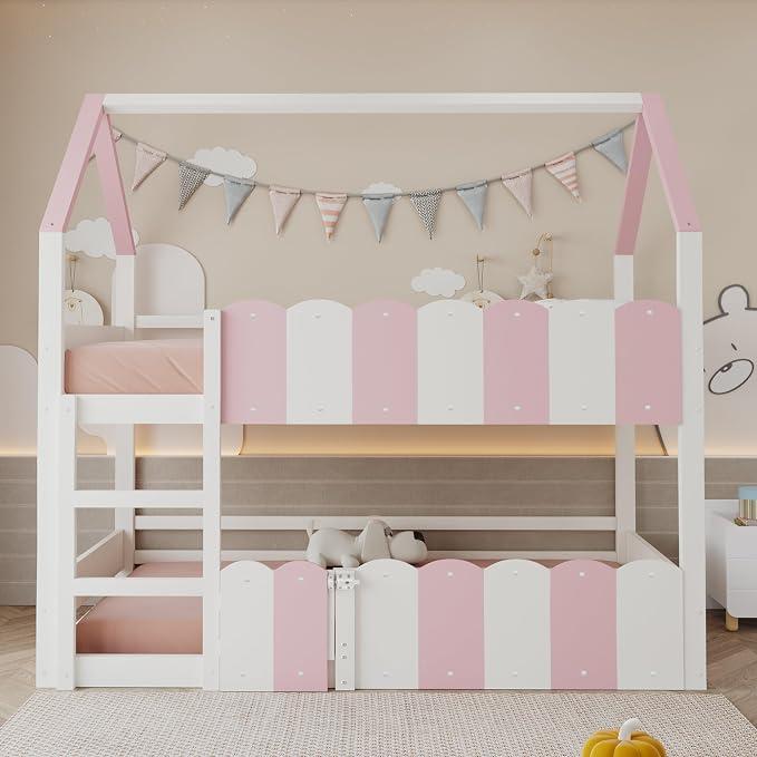 Kinder-Etagenbett 90x200cm, Hochbett für 2 Kinder, Hausbett Bettgestell mit Lattenrost & Geländer für Jungen und Mädchen, ohne Matratze (Rosa)