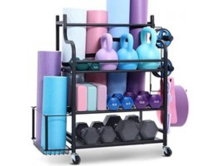 VEVOR Support pour Tapis de Yoga 3 Niveaux, Organisateur de Matériels d'Entraînement en Acier avec Revêtement en Poudre, Chariot de Rangement Sportif avec Crochets, pour Haltères, Kettlebell, Gym