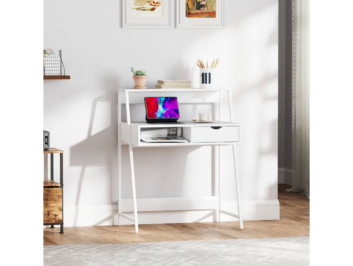 HOMCOM Bureau Néo-Rétro Blanc avec Tiroir et Étagère Métal