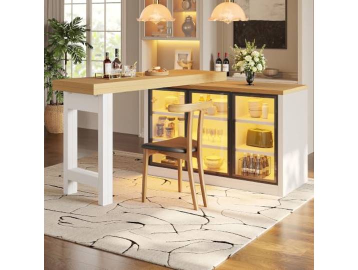 BXEYXE Multifunktionaler Esstisch Seiten-Schrank Kombination, 360° drehbare, smartes Farblichtsystem, Kücheninsel Esszimmermöbel im modernen Design, Ausziehbarer Kücheninsel-Esstisch, Weiß