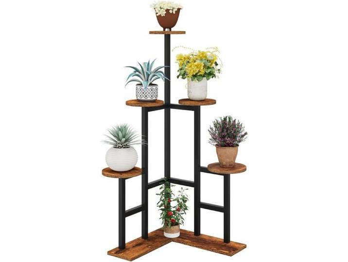 Étagère plantes 6 niveaux métal bois marron 108 cm porte-plantes d'angle pour intérieur balcon terrasse salon jardin
