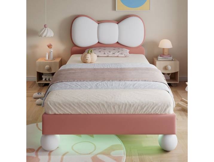 Maisentiel Lit enfant 1 place 90 x 200 cm en velours beige et rose tête de lit nœud papillon LED