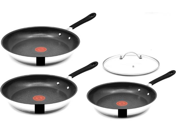 Tefal Pfannen-Set Jamie Oliver E76 Pfannenset 20, 24, 28cm +Deckel 28cm, Edelstahl 18/10 (Pfannen + 1 Wender & Schoner Antihaftbeschichtet Pfannenset mit Deckel), Antihaftbeschichtet