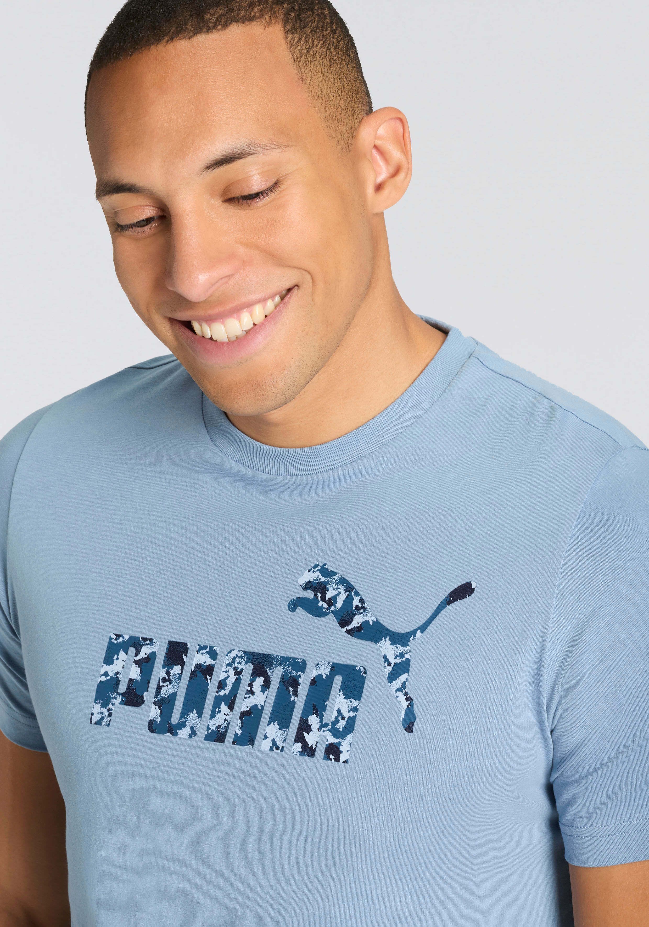 T-Shirt PUMA "ESS CAMO TEE", Herren, Gr. XXL, blau (cool blau), Jersey, Obermaterial: 100% Baumwolle, tarnfarben, regular fit normal, Rundhals, Shirts T-Shirt, gerade Passform, Kurzarm, für Alltag und Freizeit cool blau XXL
