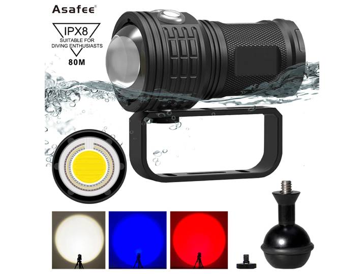 Asafee-Lampe de poche de plongée sous-marine étanche, lumière de remplissage de photographie, grand COB, rouge et bleu, DRC01, 80m, 6000LM, 500m