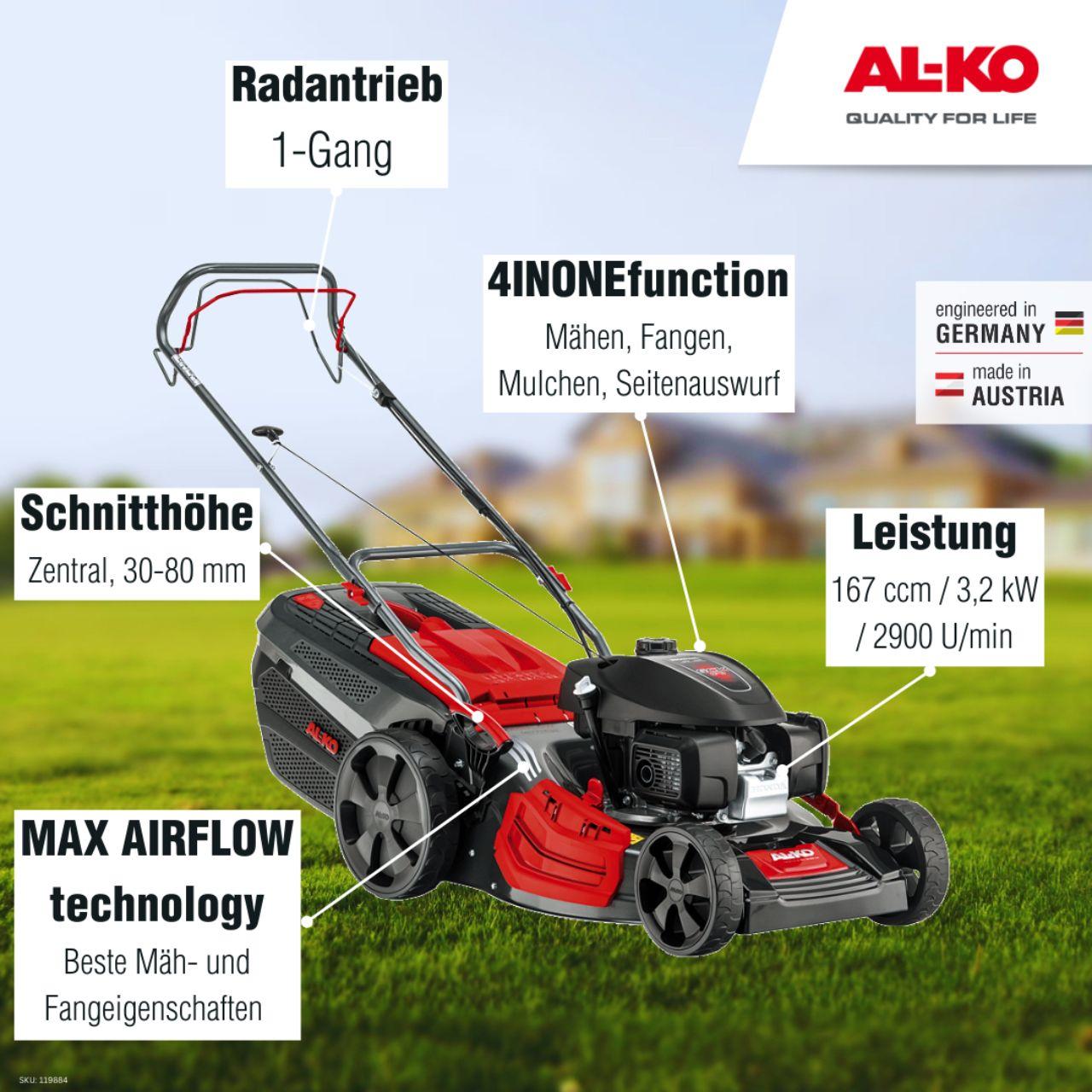 AL-KO Benzin-Rasenmäher Highline 51.9 SP-H (51 cm Schnittbreite, 3.2 kW Leistung, mit Radantrieb, zentrale Schitthöhenverstellung, Mulchfunktion, Seitenauswurf, für Rasenflächen bis 1800 m²)