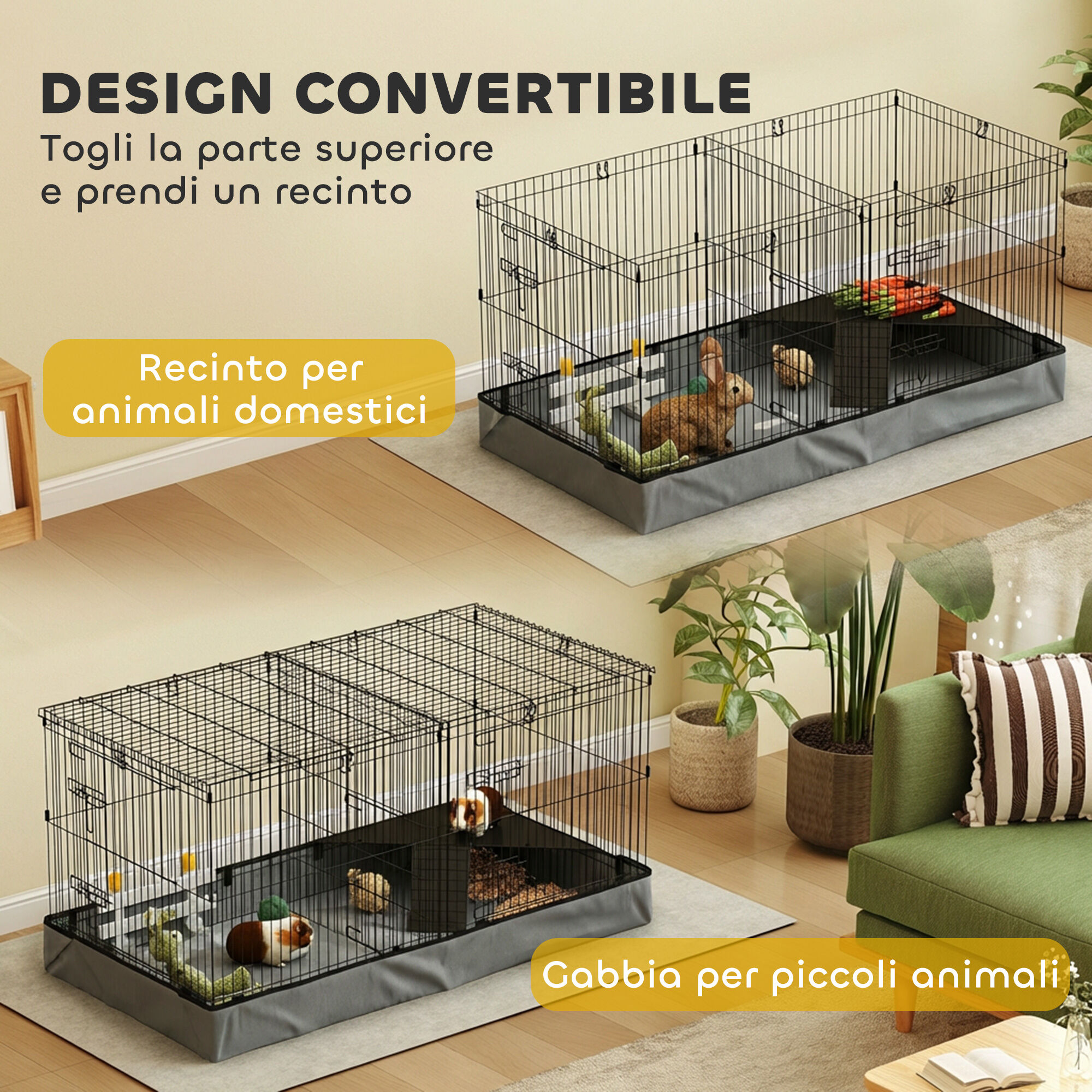 Altro Gabbia Per Animali Piccoli 2 In 1, Coperchio Rimovibile E Sezioni Separate, 121x61x61 Cm, Nero