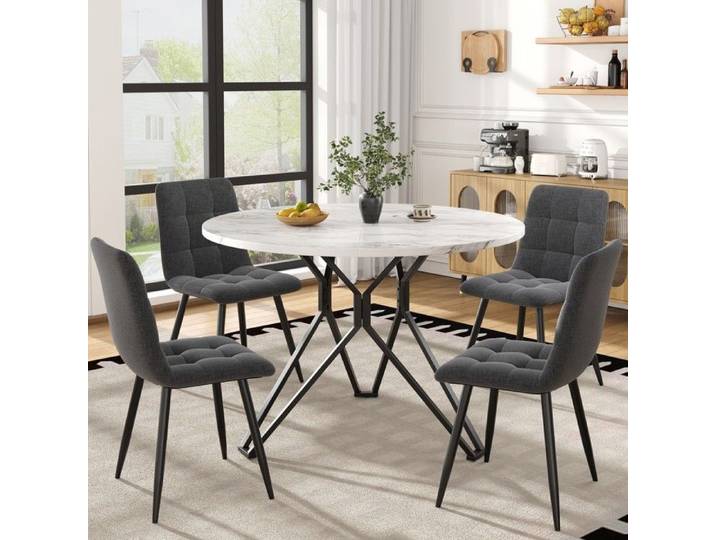 Ensemble table repas 5 pièces - MINIMAL - MINIMAL - Table ronde 100 cm - Plateau effet marbre MDF - 4 chaises lin gris