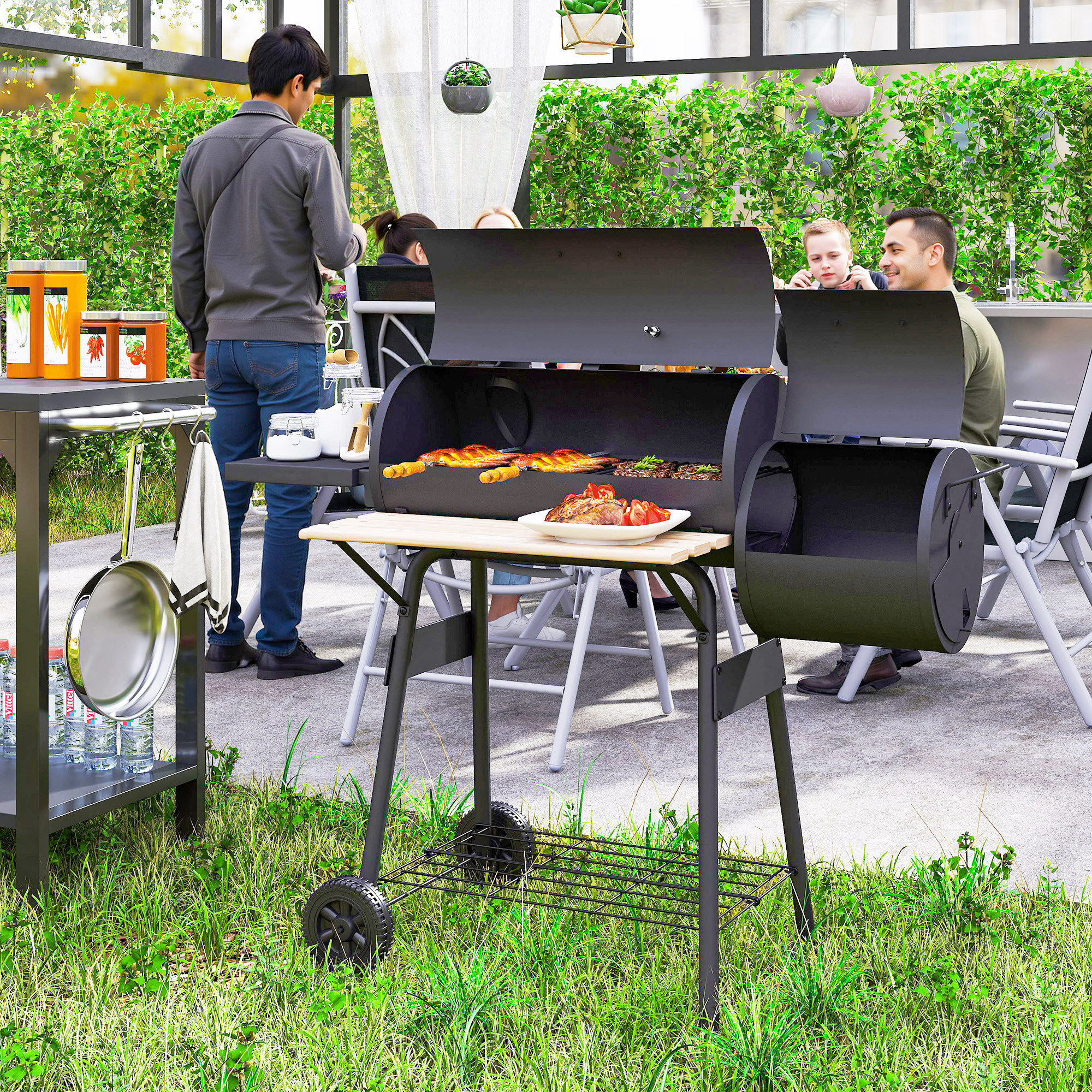 Outsunny Barbecue da Giardino con Coperchio, Ripiani e ruote, Termometro illuminato e manici in legno, 124x53x104cm, Nero   Aosom Italy