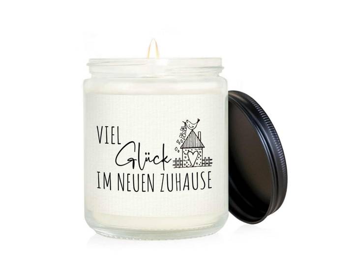 Duftkerze Einzugsgeschenk Viel Glück im neuen Zuhause Sojawachs 7 oz, Schwarz, Paraffin, 9 cm, Dekoration, Kerzen & Kerzenhalter, Duftkerzen