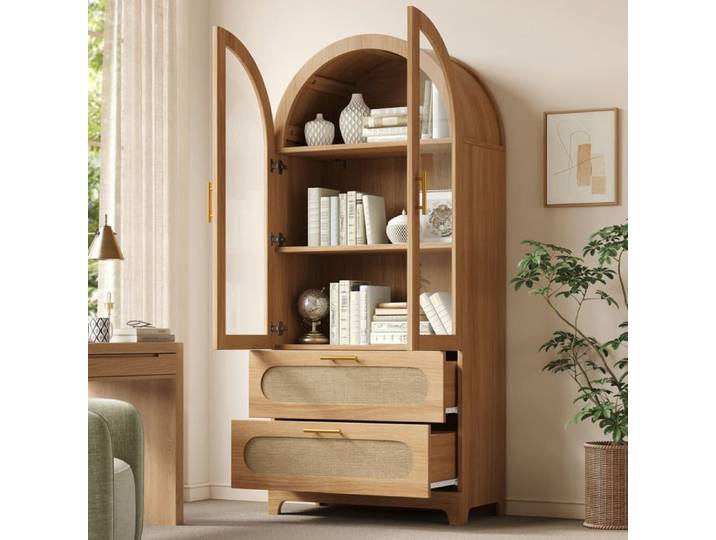 Vitrine bibliothèque arche Montmartre 175×80×40cm - 2 tiroirs - 3 étagères réglables - portes vitrées chêne