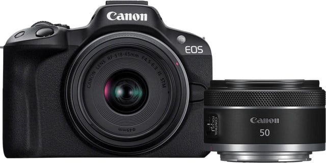 Canon EOS R50 Mirrorless Camera met RF-S 18-45mm f/4.5-6.3 IS STM en RF 50mm f/1.8 STM lens